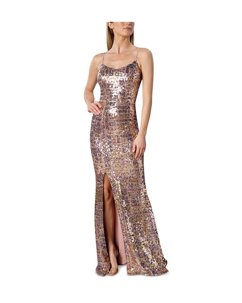 Women's Sequined Sweetheart-Neck Sleeveless Gown Gold Multi $111.54 Dresses