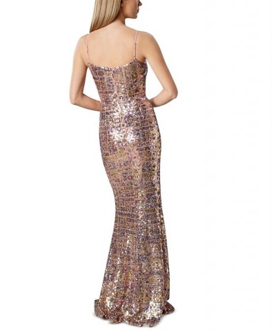 Women's Sequined Sweetheart-Neck Sleeveless Gown Gold Multi $111.54 Dresses