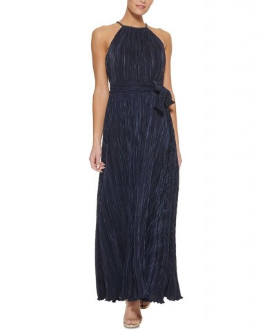 Women's Beaded Halter-Neck Belted Micro-Pleated Gown Navy $86.04 Dresses