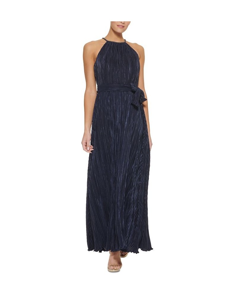 Women's Beaded Halter-Neck Belted Micro-Pleated Gown Navy $86.04 Dresses