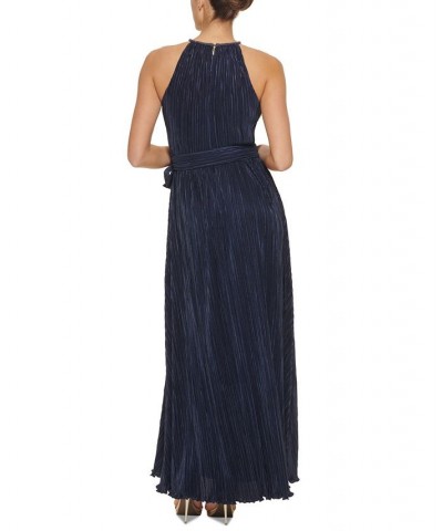 Women's Beaded Halter-Neck Belted Micro-Pleated Gown Navy $86.04 Dresses