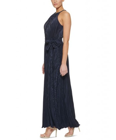 Women's Beaded Halter-Neck Belted Micro-Pleated Gown Navy $86.04 Dresses