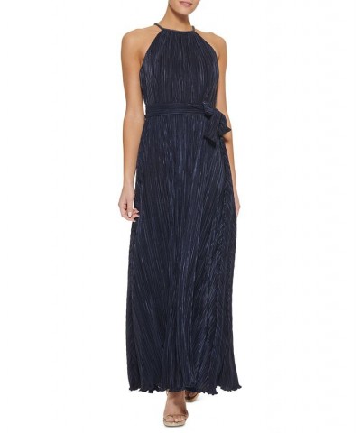 Women's Beaded Halter-Neck Belted Micro-Pleated Gown Navy $86.04 Dresses