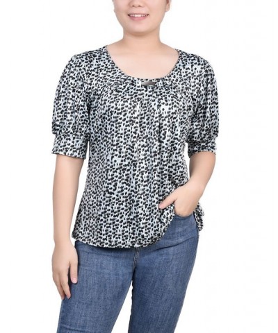 Petite Printed Balloon Sleeve Top Black Gray Animal $14.72 Tops