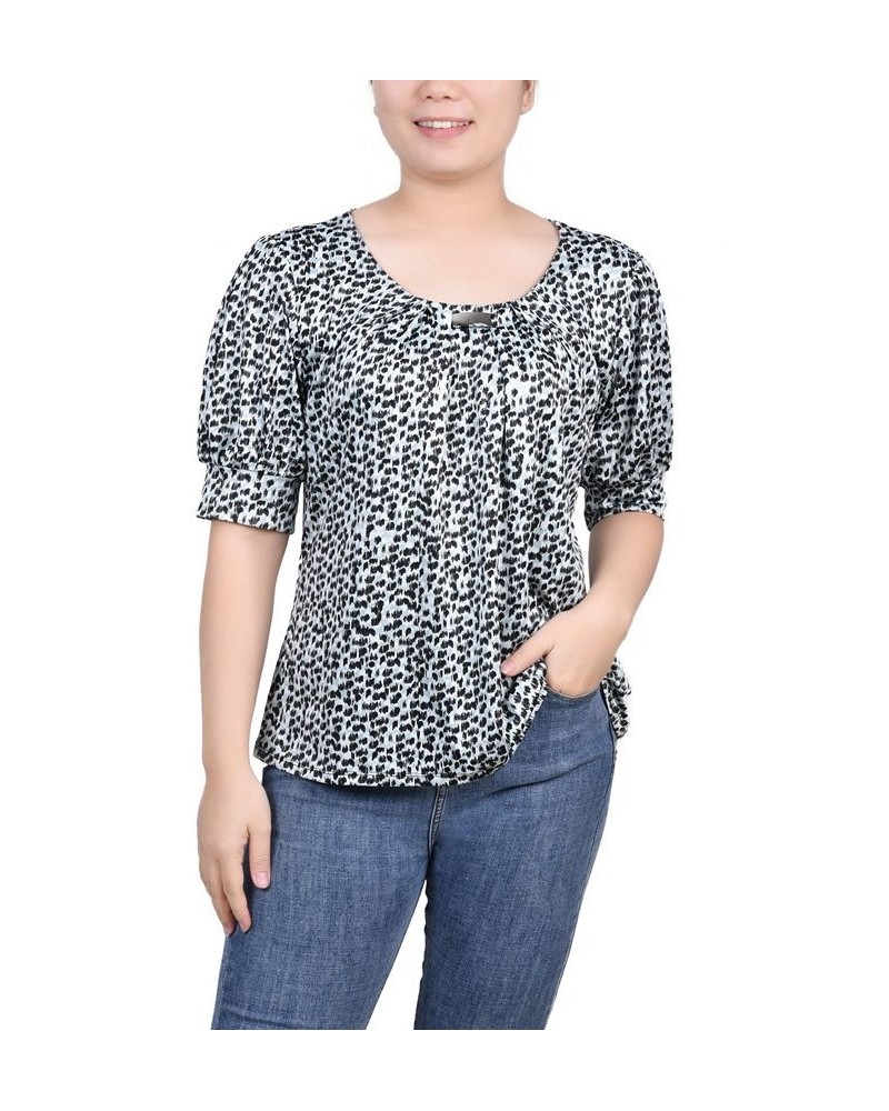 Petite Printed Balloon Sleeve Top Black Gray Animal $14.72 Tops