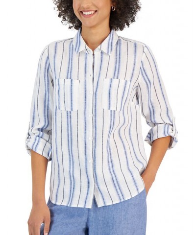 Petite Linen Striped Button-Front Shirt Ceruln Sky Combo $15.39 Tops