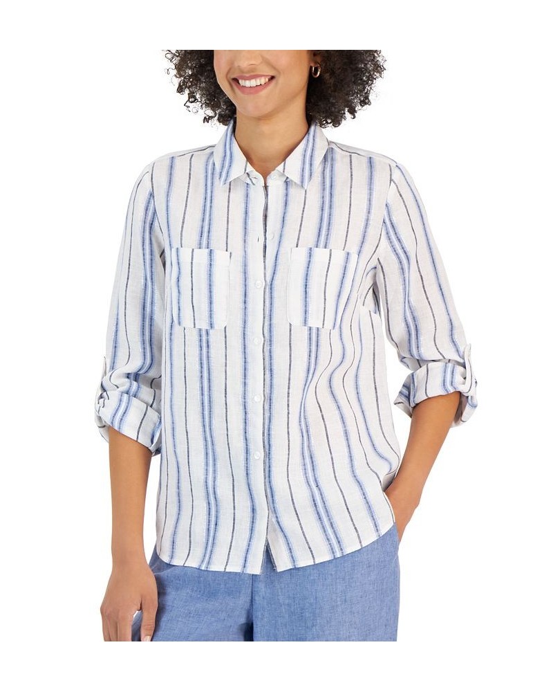 Petite Linen Striped Button-Front Shirt Ceruln Sky Combo $15.39 Tops