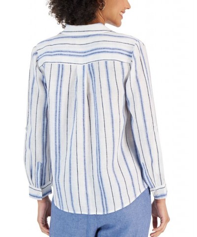 Petite Linen Striped Button-Front Shirt Ceruln Sky Combo $15.39 Tops