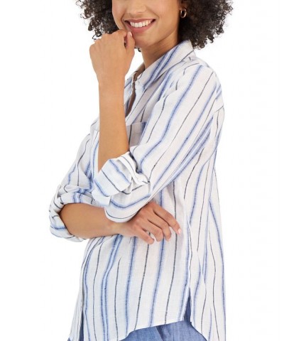 Petite Linen Striped Button-Front Shirt Ceruln Sky Combo $15.39 Tops