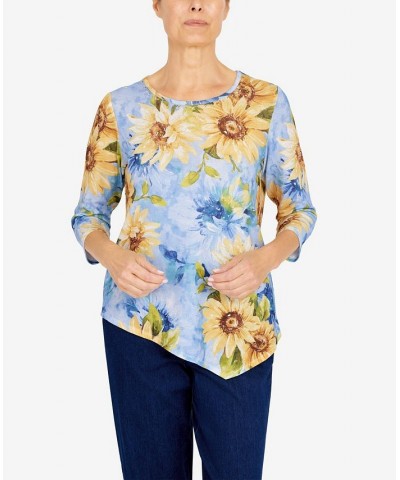 Women's Bright Idea Asymmetric Hem Crew Neck Sunflower Top Multi $19.22 Tops