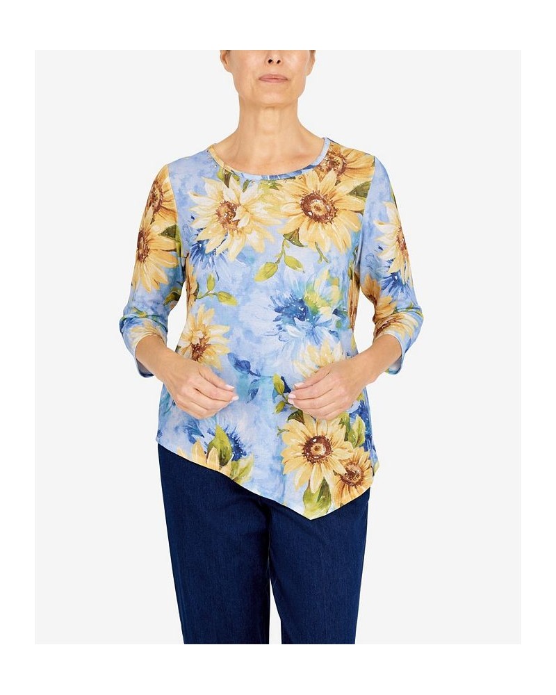 Women's Bright Idea Asymmetric Hem Crew Neck Sunflower Top Multi $19.22 Tops