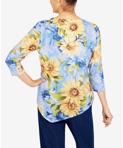 Women's Bright Idea Asymmetric Hem Crew Neck Sunflower Top Multi $19.22 Tops