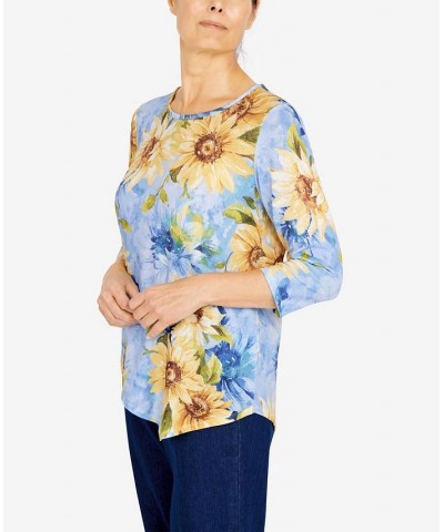 Women's Bright Idea Asymmetric Hem Crew Neck Sunflower Top Multi $19.22 Tops