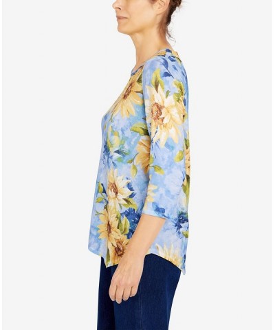 Women's Bright Idea Asymmetric Hem Crew Neck Sunflower Top Multi $19.22 Tops