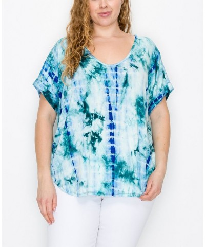 Plus Size Hand Tie Dye V-Neck Rolled Sleeve Top Marine/Storm $21.45 Tops