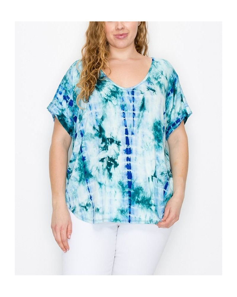 Plus Size Hand Tie Dye V-Neck Rolled Sleeve Top Marine/Storm $21.45 Tops