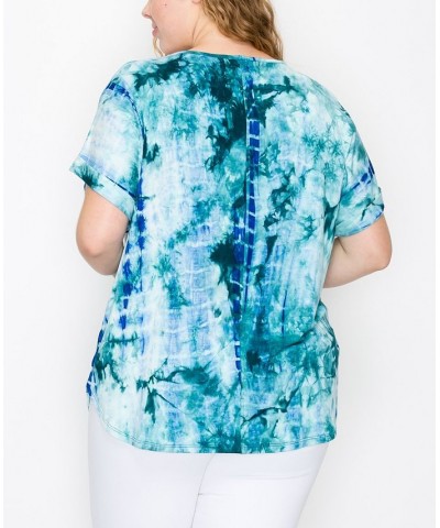 Plus Size Hand Tie Dye V-Neck Rolled Sleeve Top Marine/Storm $21.45 Tops