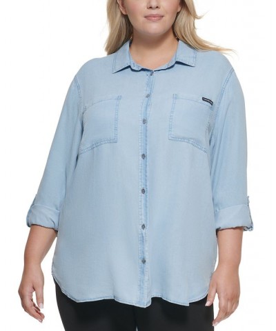 Trendy Plus Size Utility Shirt Blue $20.90 Tops