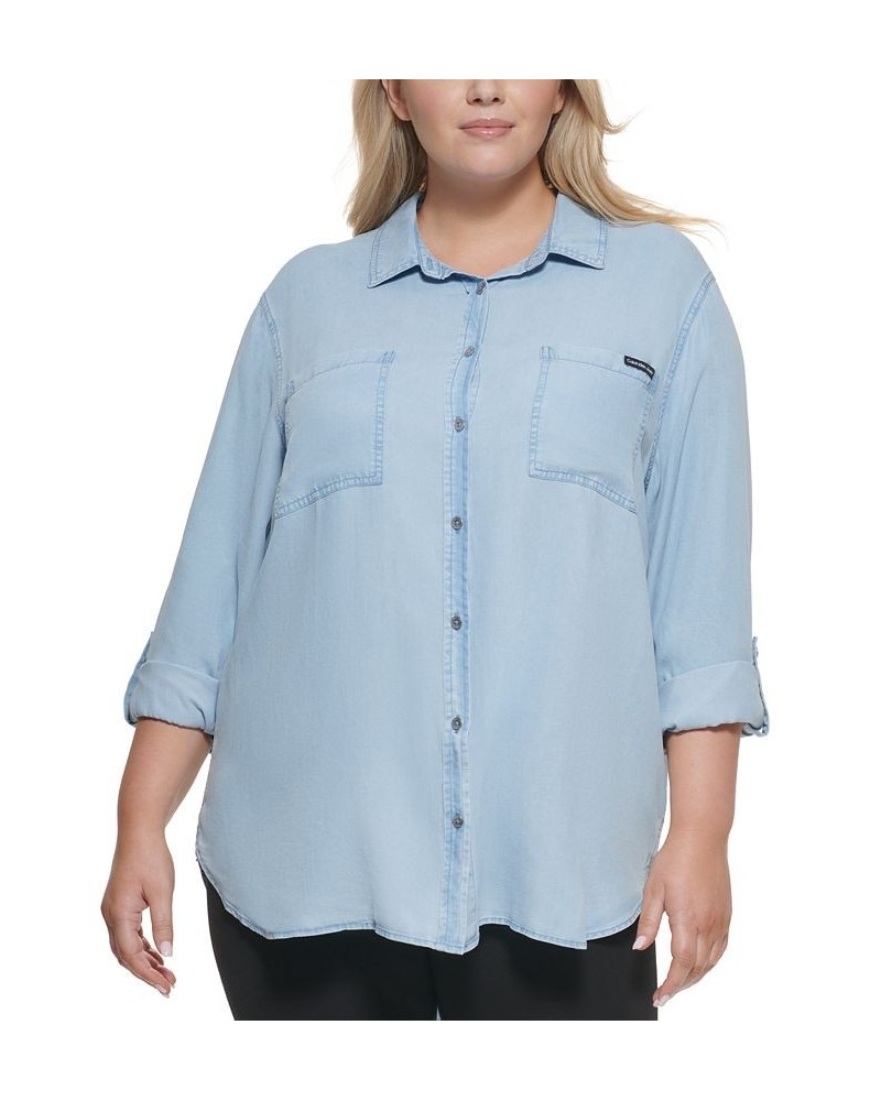 Trendy Plus Size Utility Shirt Blue $20.90 Tops