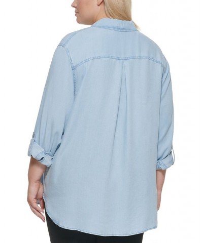 Trendy Plus Size Utility Shirt Blue $20.90 Tops