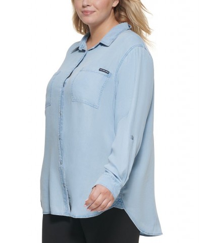 Trendy Plus Size Utility Shirt Blue $20.90 Tops