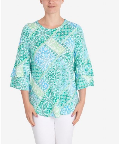 Petite Knit Bandana Puff Print Top Green $28.29 Tops