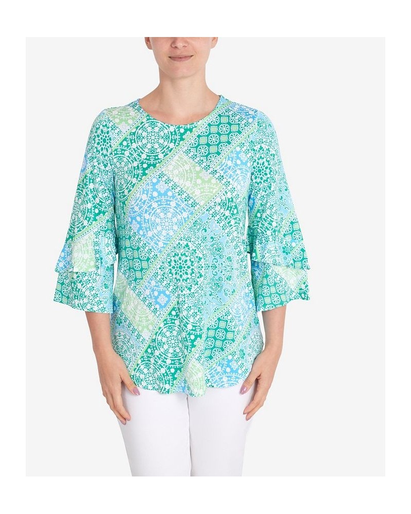 Petite Knit Bandana Puff Print Top Green $28.29 Tops