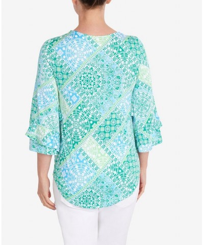 Petite Knit Bandana Puff Print Top Green $28.29 Tops