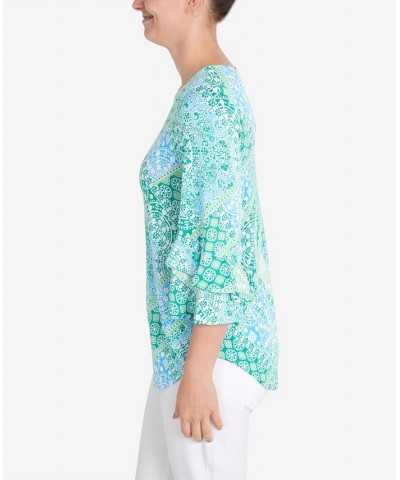 Petite Knit Bandana Puff Print Top Green $28.29 Tops