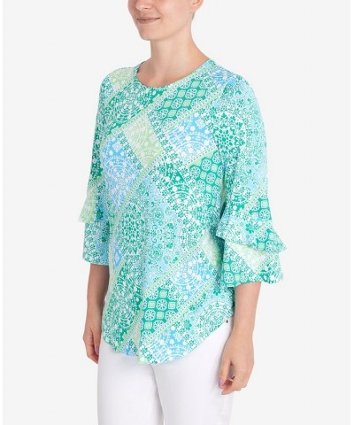 Petite Knit Bandana Puff Print Top Green $28.29 Tops