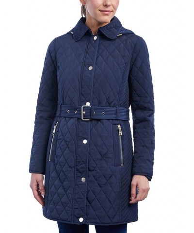 Women's Hooded Quilted Belted Jacket Midnight Blue $77.70 Coats