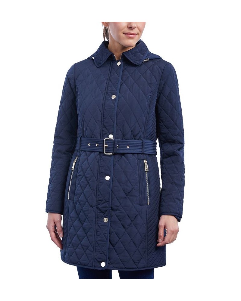 Women's Hooded Quilted Belted Jacket Midnight Blue $77.70 Coats