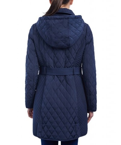 Women's Hooded Quilted Belted Jacket Midnight Blue $77.70 Coats