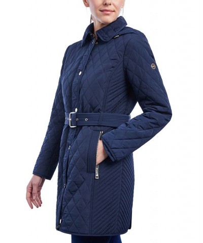 Women's Hooded Quilted Belted Jacket Midnight Blue $77.70 Coats