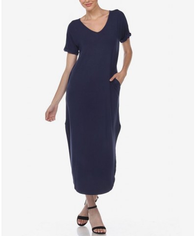 Women's Short Sleeve V-Neck Maxi Dress Navy $32.00 Dresses