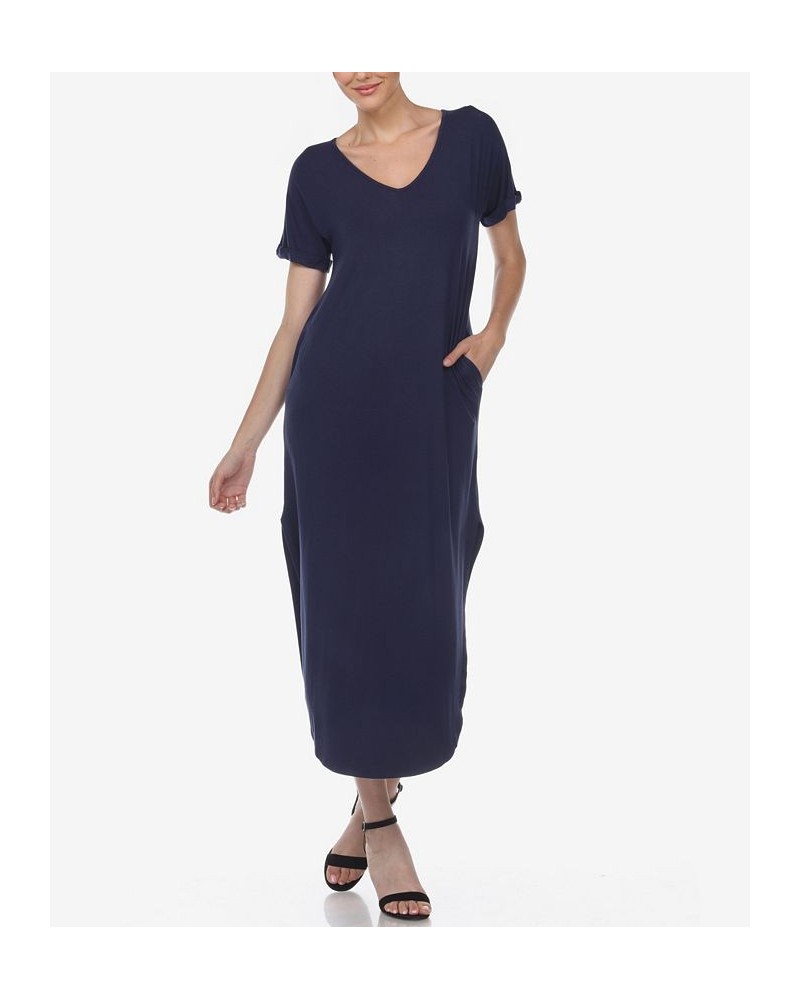 Women's Short Sleeve V-Neck Maxi Dress Navy $32.00 Dresses