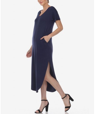 Women's Short Sleeve V-Neck Maxi Dress Navy $32.00 Dresses