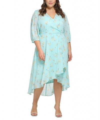 Plus Size Ruffled High-Low Floral Chiffon Dress Pale Aqua Multi $34.44 Dresses