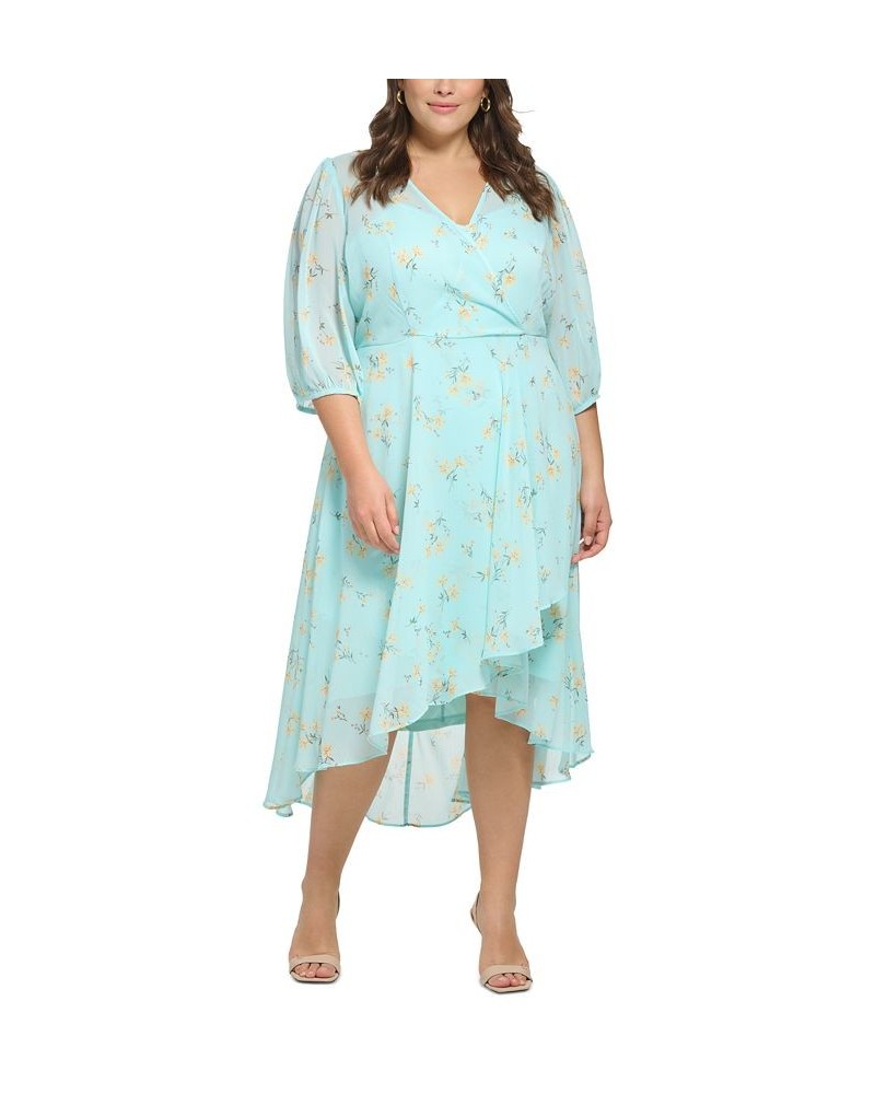 Plus Size Ruffled High-Low Floral Chiffon Dress Pale Aqua Multi $34.44 Dresses