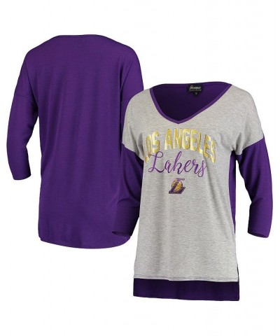 Women's Los Angeles Lakers Meet Your Match Colorblock 3/4-Sleeve Tri-Blend V-Neck T-shirt Heathered Gray $24.20 Tops