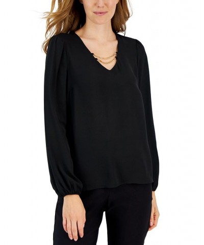 Women's Long-Sleeve V-Neck Chain-Detail Top White $44.00 Tops