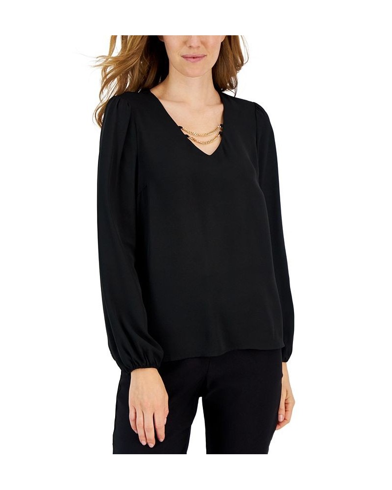 Women's Long-Sleeve V-Neck Chain-Detail Top White $44.00 Tops