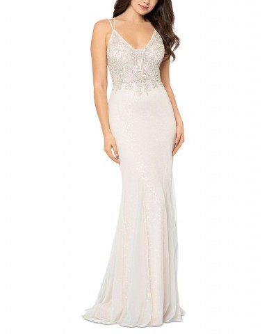 Women's Beaded-Top Sparkling Sleeveless Ball Gown Grey Blush $136.11 Dresses