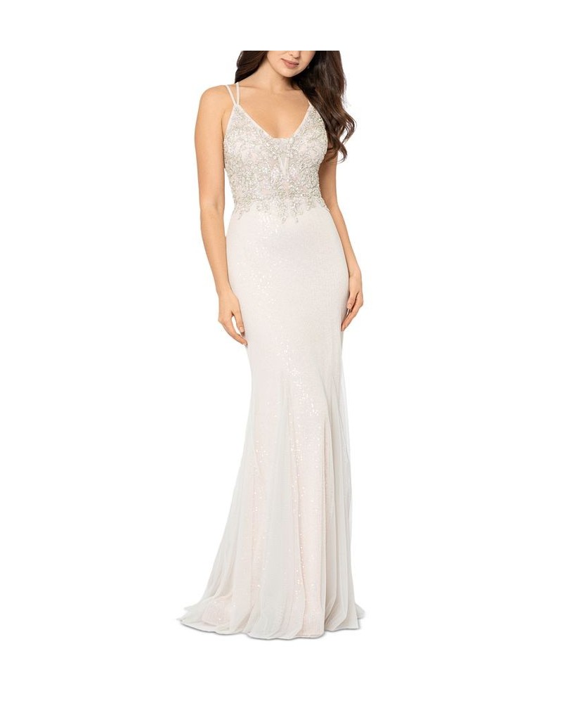 Women's Beaded-Top Sparkling Sleeveless Ball Gown Grey Blush $136.11 Dresses