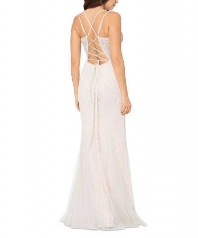 Women's Beaded-Top Sparkling Sleeveless Ball Gown Grey Blush $136.11 Dresses