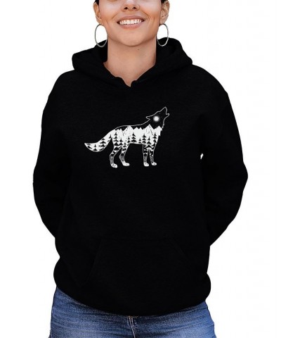 Women's Howling Wolf Word Art Hooded Sweatshirt Black $29.40 Tops