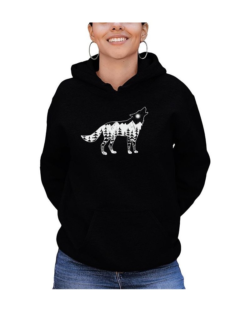 Women's Howling Wolf Word Art Hooded Sweatshirt Black $29.40 Tops