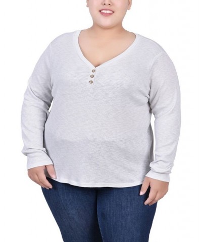 Plus Size Long Sleeve Ribbed Henley Gray $13.35 Tops