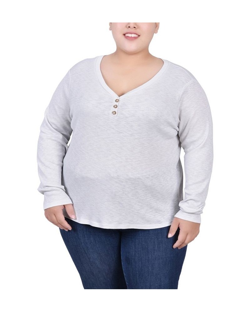 Plus Size Long Sleeve Ribbed Henley Gray $13.35 Tops