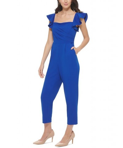 Women's Ruffle-Sleeve Square-Neck Cropped Jumpsuit Regatta $74.50 Pants